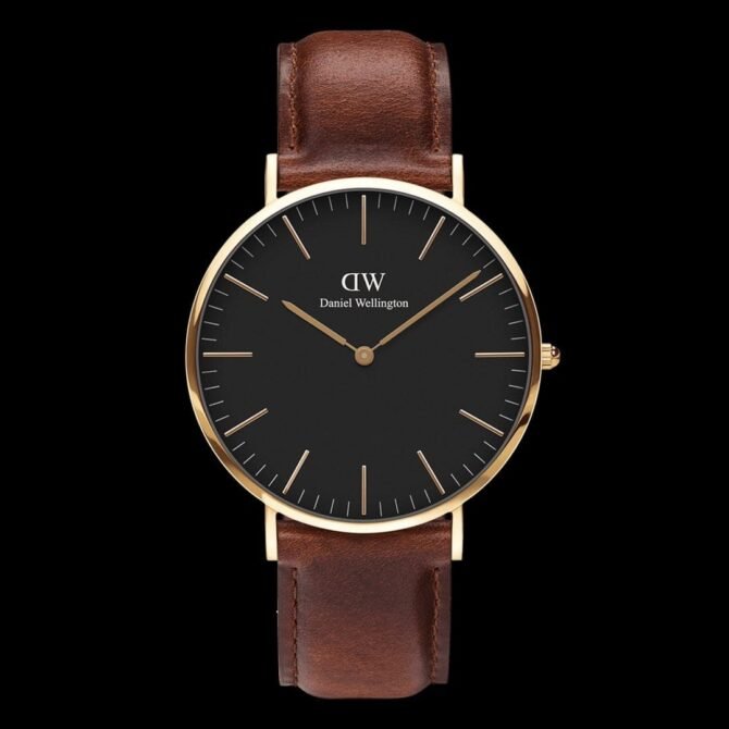 First Copy Daniel Wellington (DW) Classy Men’s Black Dial Gold Leather Strap Watch