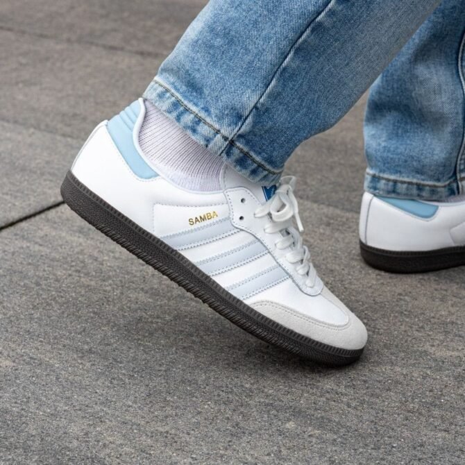 First Copy Adidas Originals Samba OG Core White/Halo Blue/Gum Vintage Shoes