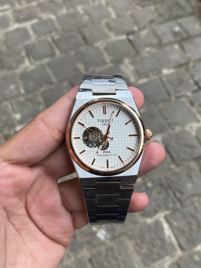 First Copy Tissot PRX Silver White Rose Gold Ring Fully Automatic Watch