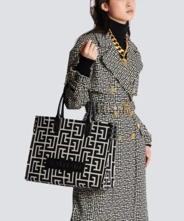 Balmain B-Army 42 Monogrammed Leather Tote Bag With Dust Bag (Black-590)