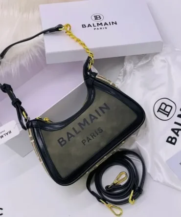 Balmain Paris B-Army Logo-Print Shoulder Bag With OG Box & Dust Bag BA329 Curry Green
