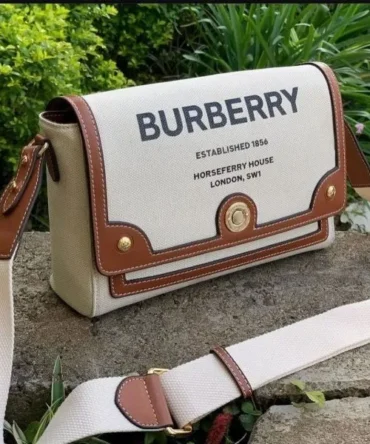Burberry Horseferry Canvas Leather Shoulder Bag Beige Brown with Original Box & Dust Bag (1208 White Canvas)