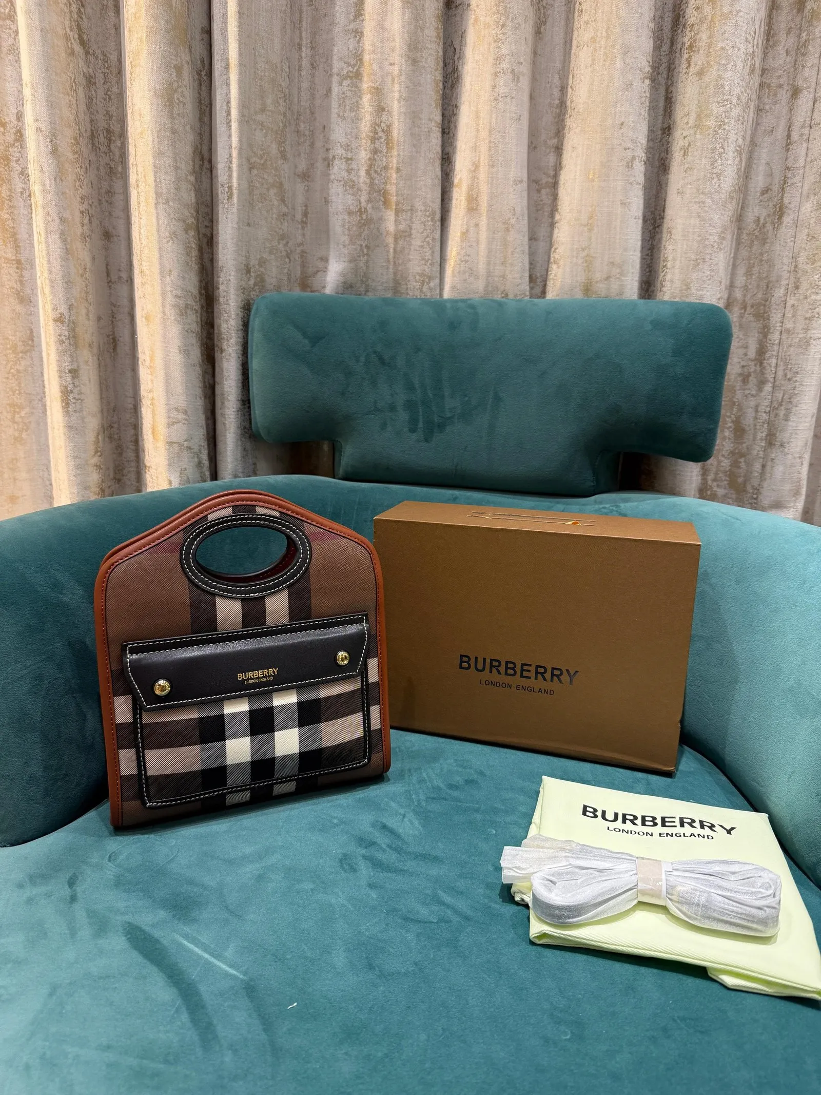 Burberry Mini Checkered Leather Tote Bag with Original Box & Dust Bag (2733 Grey Grid)  Bags (Tote)