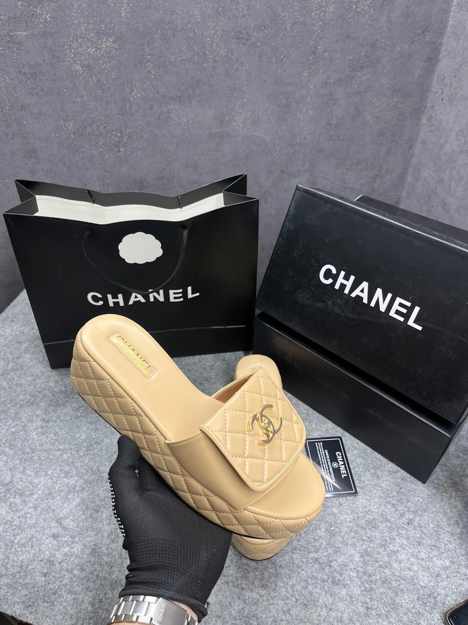 Chanel Lambskin Quilted CC Mules Wedge Sandals With Original Box & Dust Bag Apricot 66232
