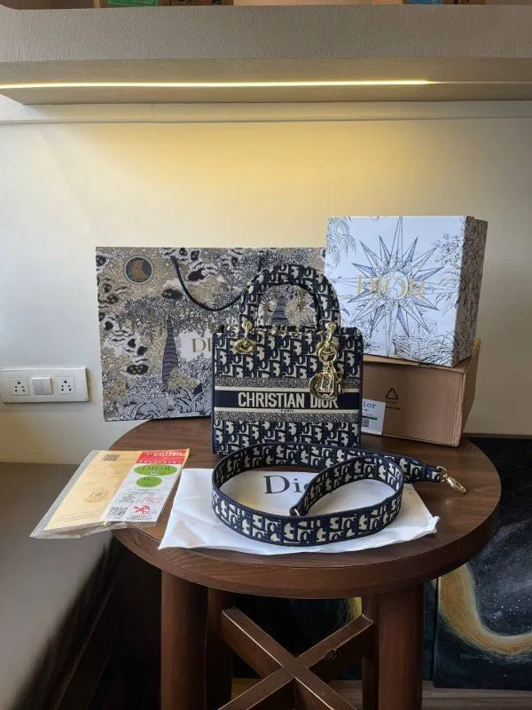 Christian Dior Lady D-Lite Embroidery Print Blue With Original Double Box & Carry Bag  Embroidered Edition