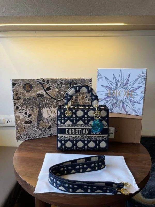 Christian Dior Lady D-Lite Embroidery Print Blue With Original Double Box & Carry Bag High-End Variant