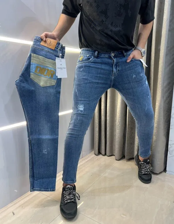 Christian Dior Sky Blue Pocket Embroidery Ripped Imported Denim Classic Clothing (Jeans)