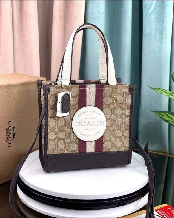 Coach Dempsey Tote 22 In Signature Jacquard With Stripe And Coach Patch With OG Box & Dust Bag Maroon-B5638