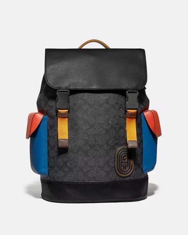 Coach Restored Rivington Backpack In Colorblock Signature Canvas With Coach Patch With Bill & Dust Bag 060 Black Blue Orange