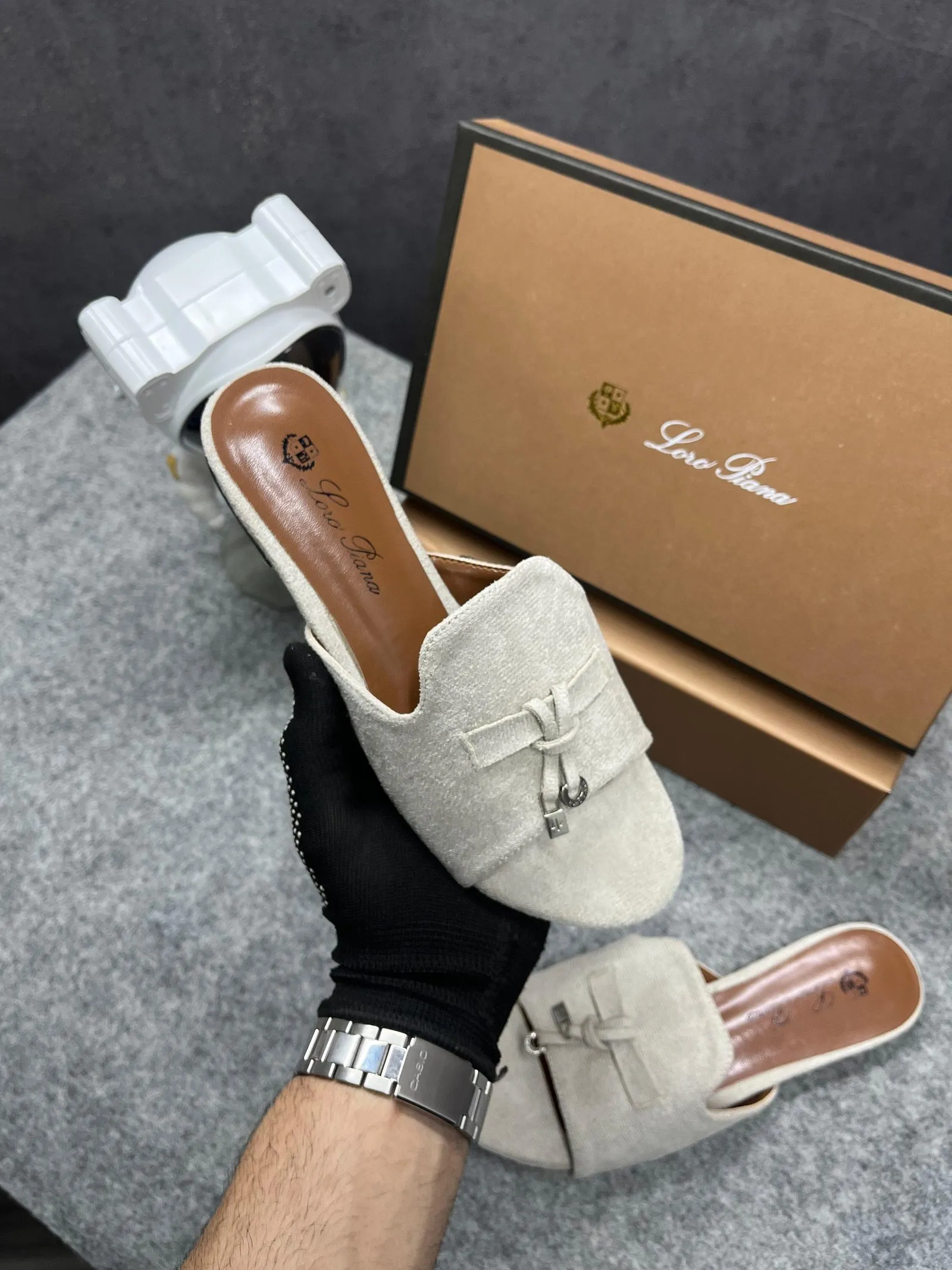 Loro Piana Summer Charms Grey Suede Flat Slides for Her with OG Box Grey ? Shoes