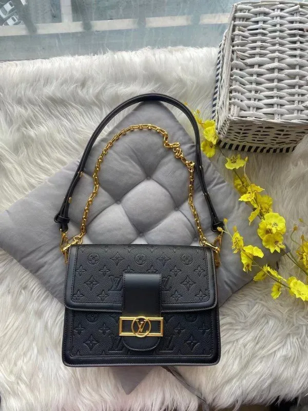 Louis Vuitton Dauphine MM Black Leather Embossed Monogram Bag With OG Box & Dust Bag M45958 Black