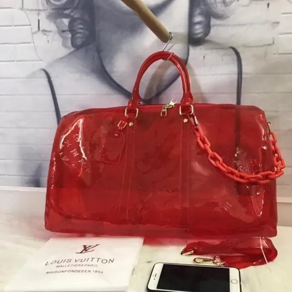 Louis Vuitton Keepall Bandouliere 50 Red Transparent Travel Duffle Bag With Dust Bag (L-810)