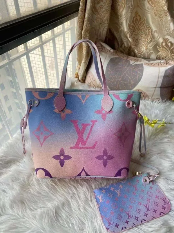 Louis Vuitton LV M59859 Neverfull Tote Bag Premium Quality With Extra Pouch & Dust Bag (Pink Blue - 557)