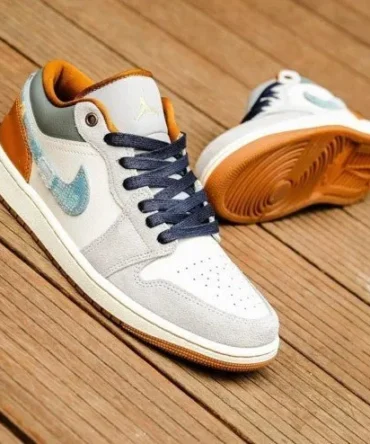 Nike Air Jordan 1 Low SE Phantom Repaired Denim Swoosh Shoes