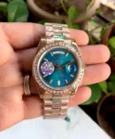 Rolex Day Date Rose Gold Blue Dial Diamond Bezel Watch