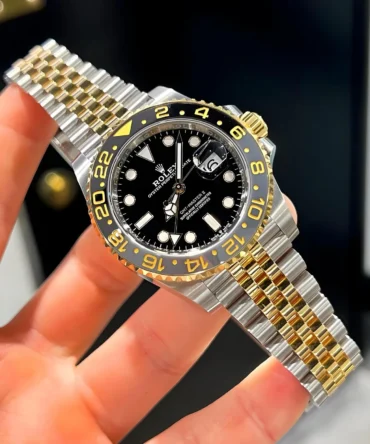 Rolex GMT Master Black Dial Gold Silver Chain Watch