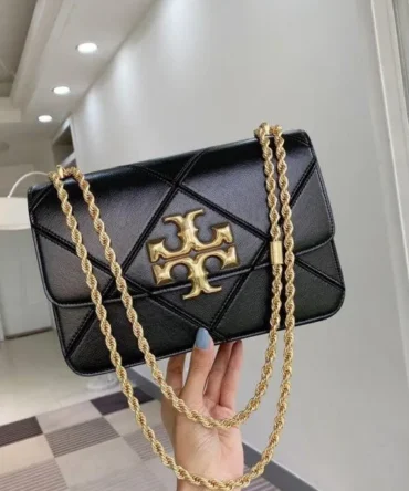 Tory Burch Black Diamond Quilt Leather Eleanor Shoulder Bag With OG Box & Dust Bag TR085 Black Bag