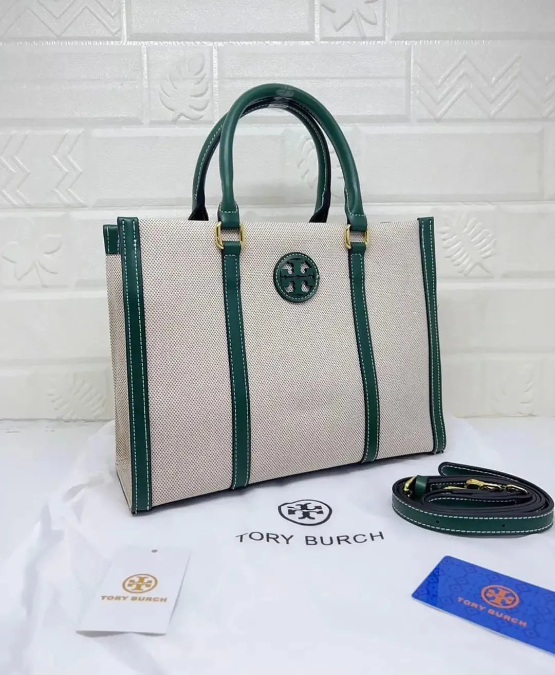 Tory Burch Blake Canvas Tote With Dust Bag TB608 Apricot Green Bag