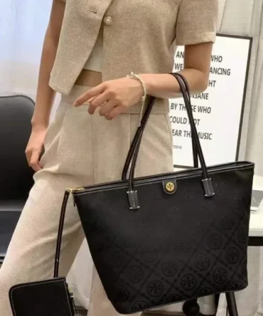 Tory Burch T Monogram Tote With OG Box & Dust Bag & Extra Pouch (Black 635)