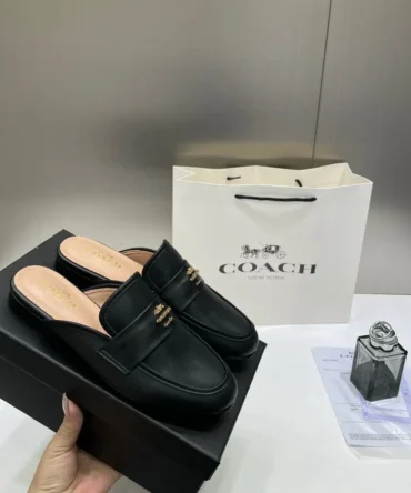 WMN Coach Premium Gold Leather Black Slip On Mules Sandal