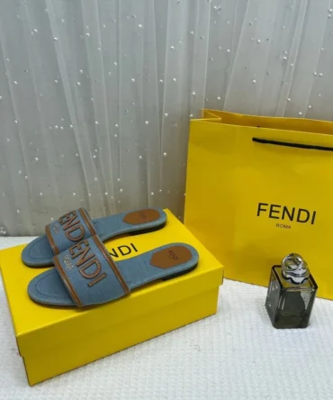 WMN Fendi Premium Roma Velvet FF Flat Slide Sandals Blue and beige