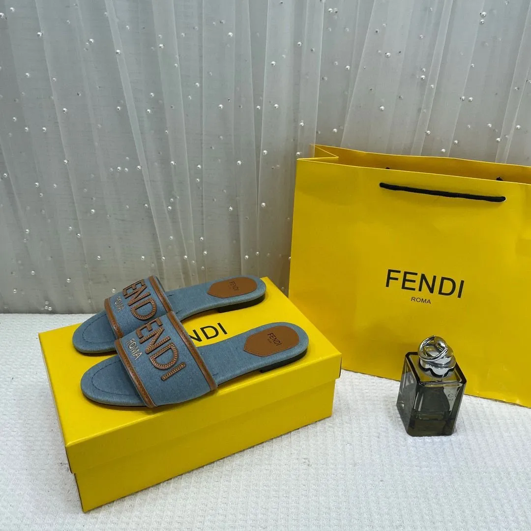 WMN Fendi Premium Roma Velvet FF Flat Slide Sandals Blue and beige