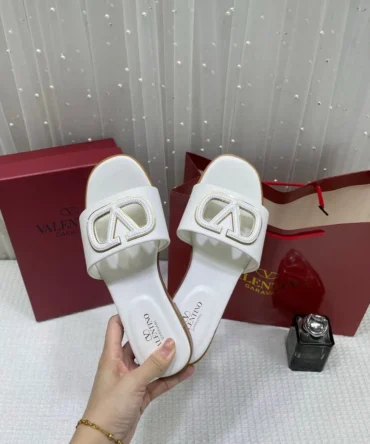 WMN Valentino Premium V-Logo Signature Slides White