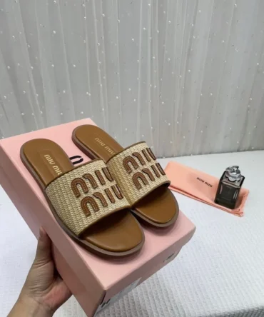 Women? Miu Miu Premium Tan Leather Embroidered Metallic Slides
