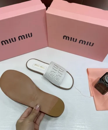 Women? Miu Miu Premium White Leather Embroidered Metallic Slides